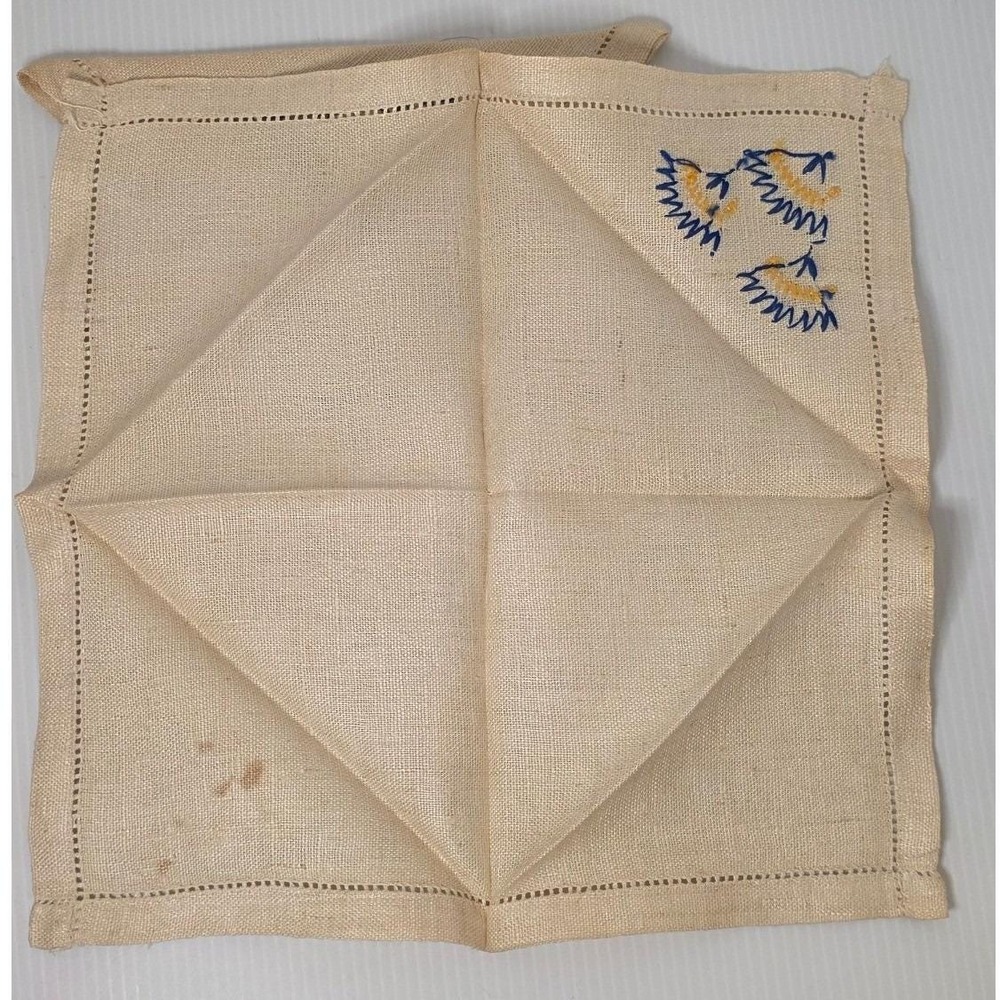 Vintage‎ Hand Embroidered Linen Cocktail Napkins Set of 4 Floral Hemstitched